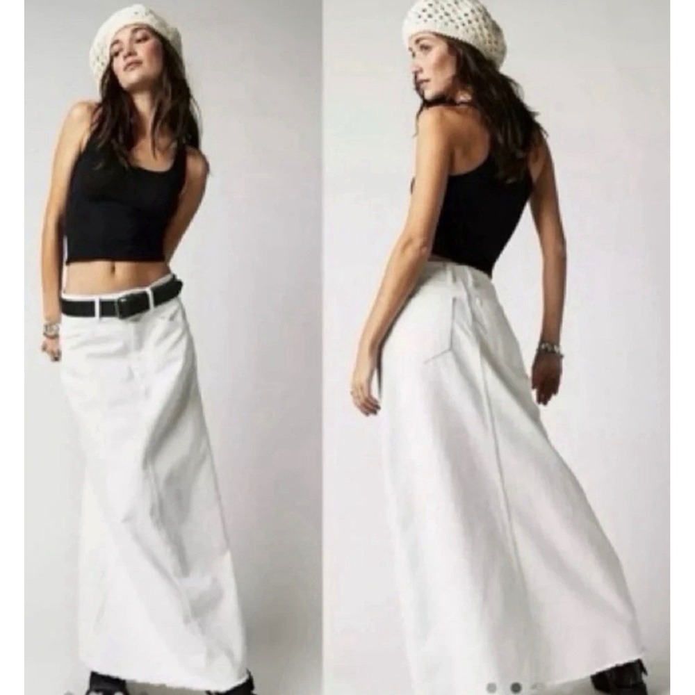 Free People We The Free Come As You Are Denim Maxi Skirt White Frayed Hem Sz- 10